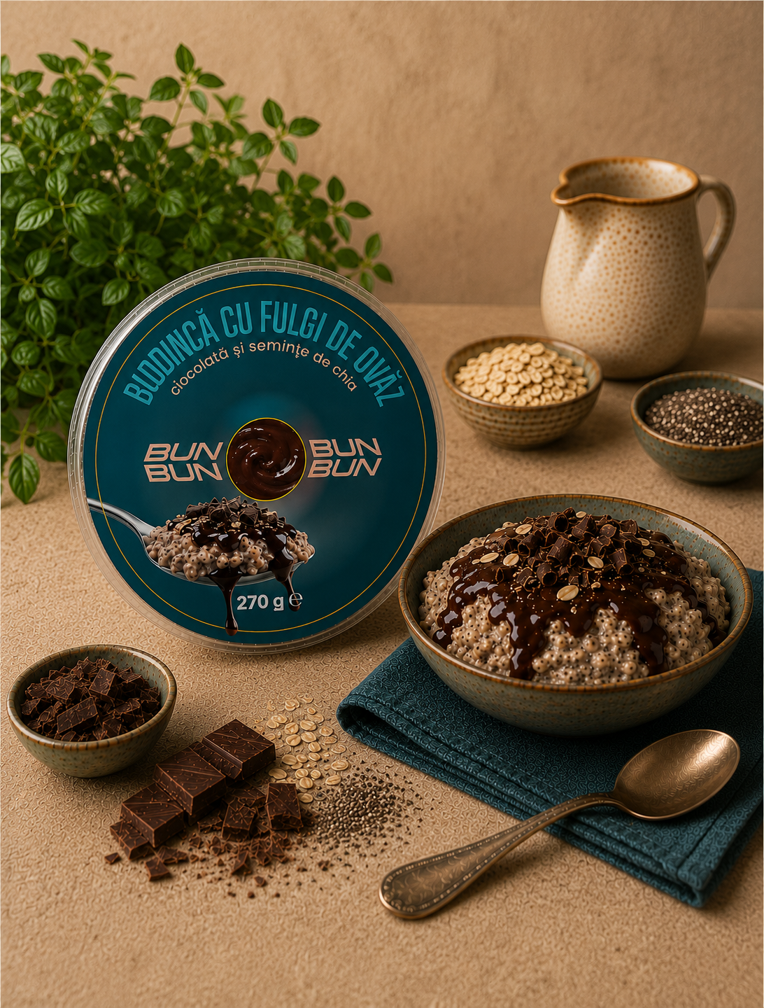 budinca din fulgi de ovaz ciocolata si seminte de chia bunbun